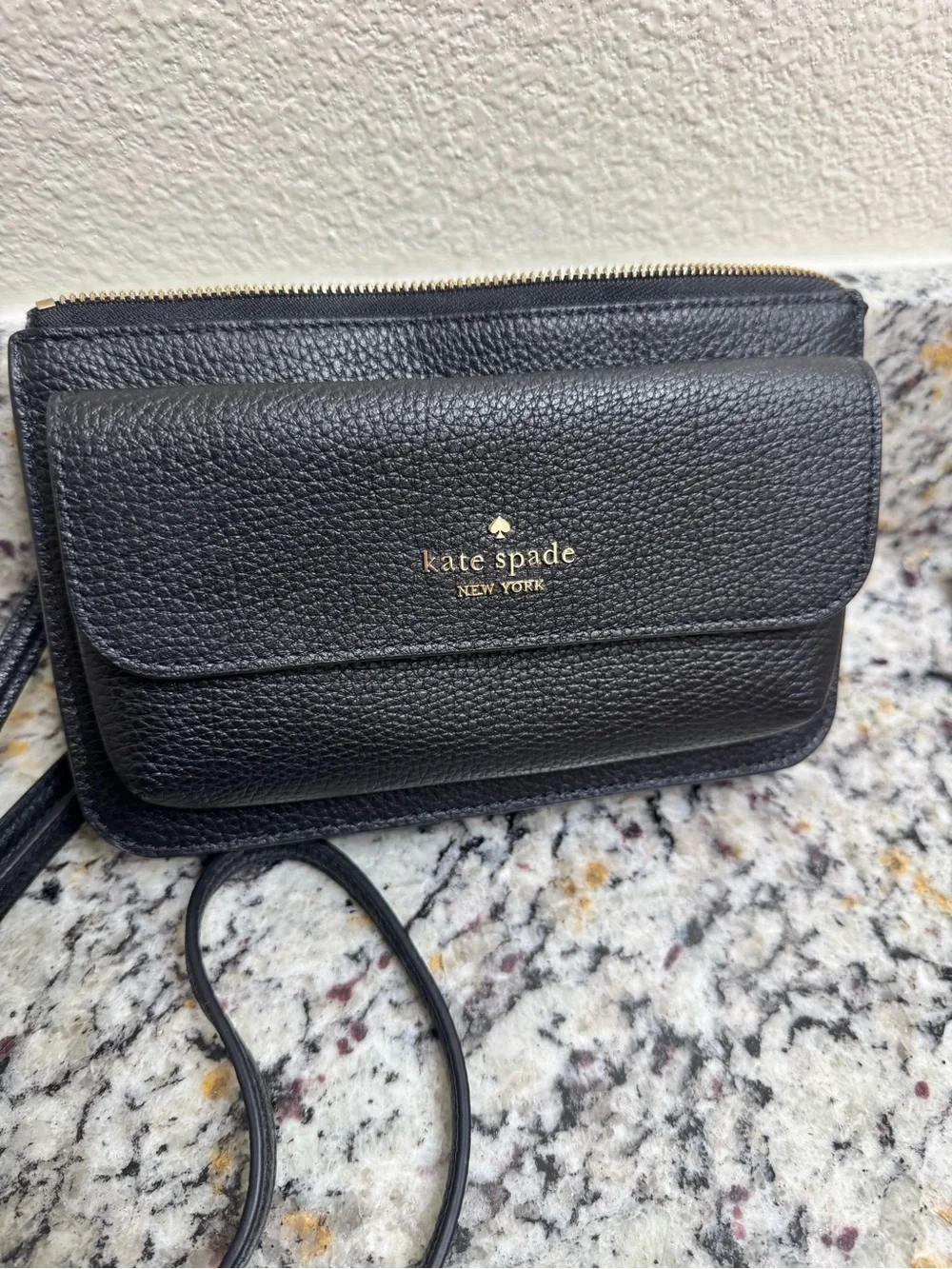 kate spade black pebbled leather crossbody with gold logo